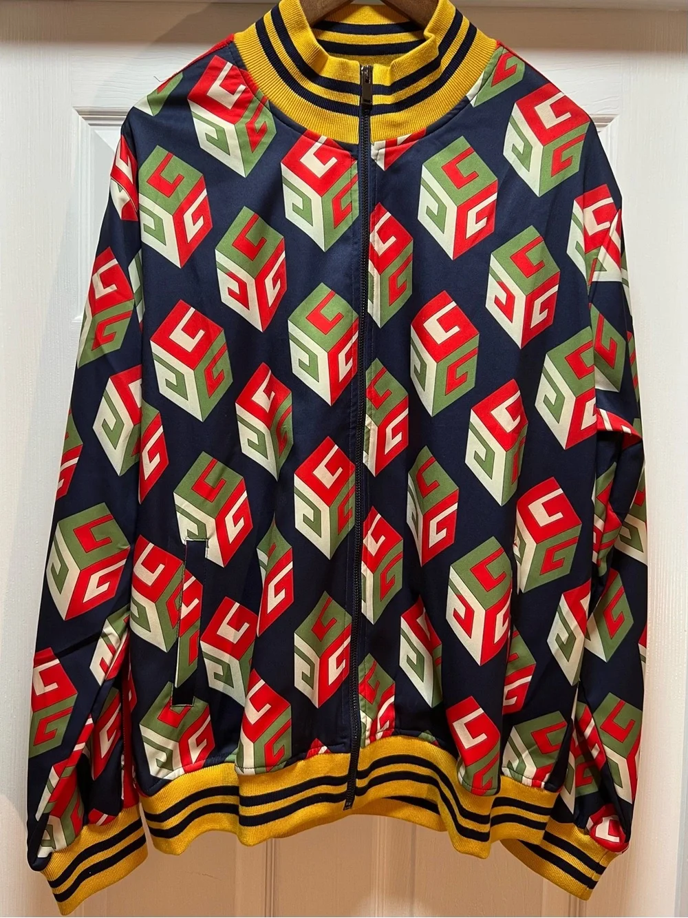 Gucci Navy Red Green White Geometric Bomber Jacket